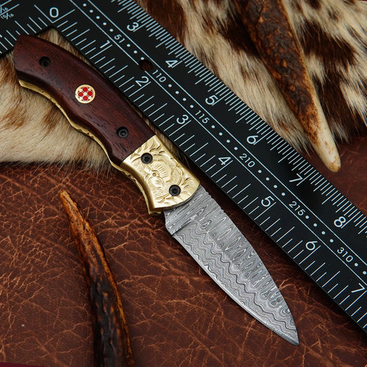 Damascus Drop Point Folding Pocket Knife – Natural Walnut Wood Handle with Engraved Brass Bolster & Mosaic Pin | Hand Forged 156 Layer CHFOL06