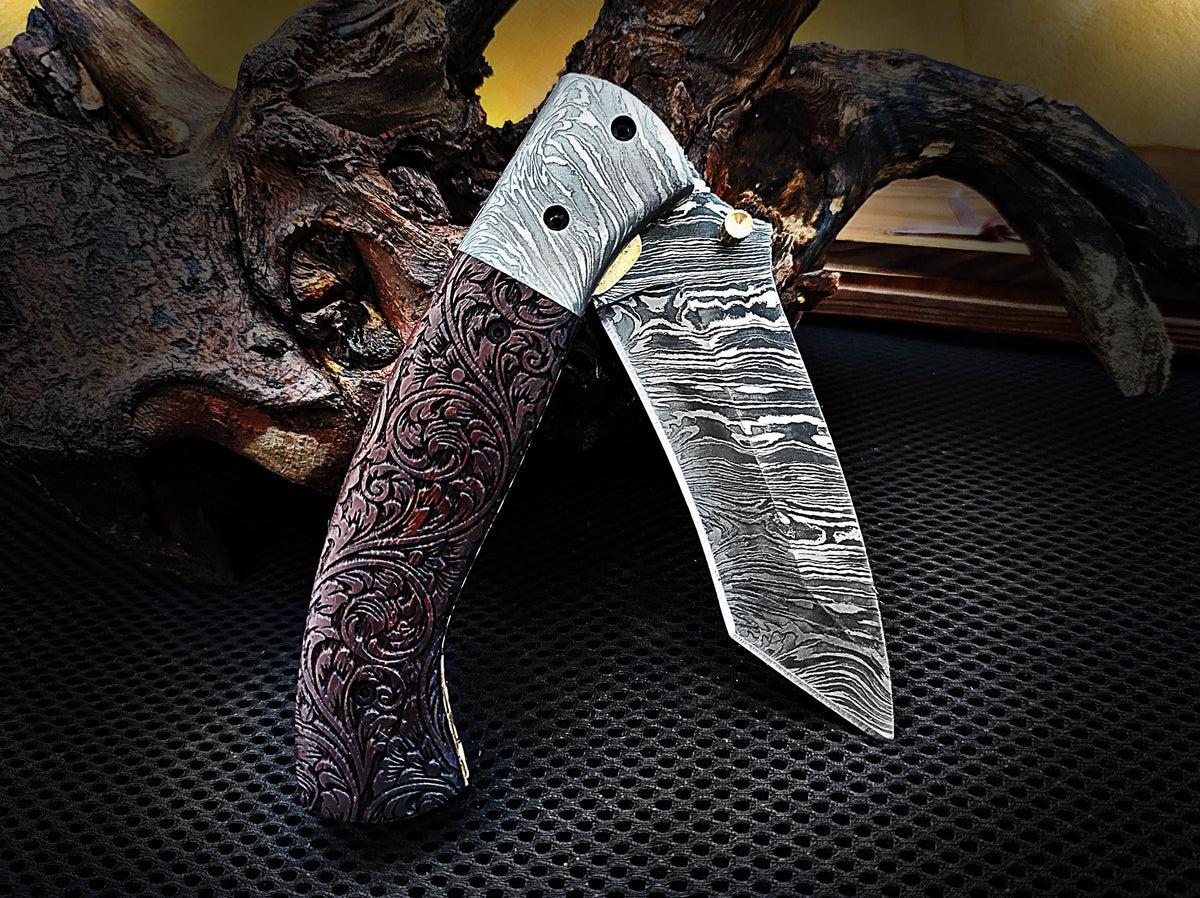 Folding Pocket Tanto Knife, Handmade Damascus Steel with Hand-Engraved Walnut Wood Handle & Damascus Bolster CLKFOL1118