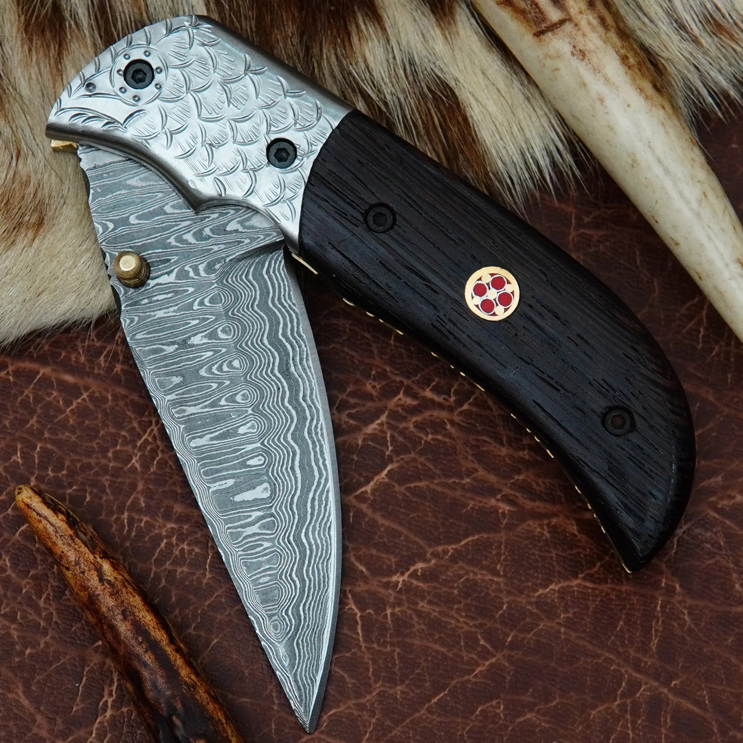 Damascus Folding Pocket Knife – Natural Wenge Wood Handle with Engraved Fish Scale Steel Bolster & Mosaic Pin | Hand Forged 156 Layer CHFOL07