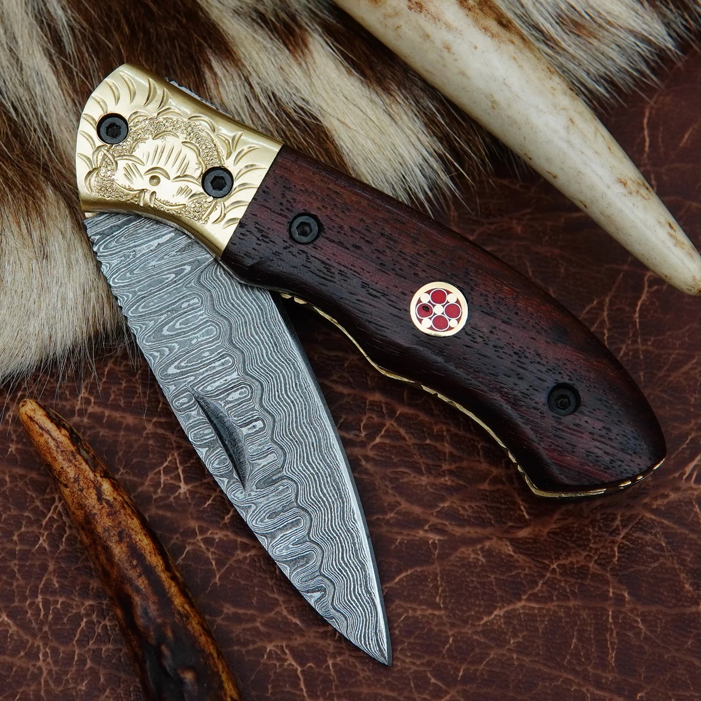 Damascus Drop Point Folding Pocket Knife – Natural Walnut Wood Handle with Engraved Brass Bolster & Mosaic Pin | Hand Forged 156 Layer CHFOL06