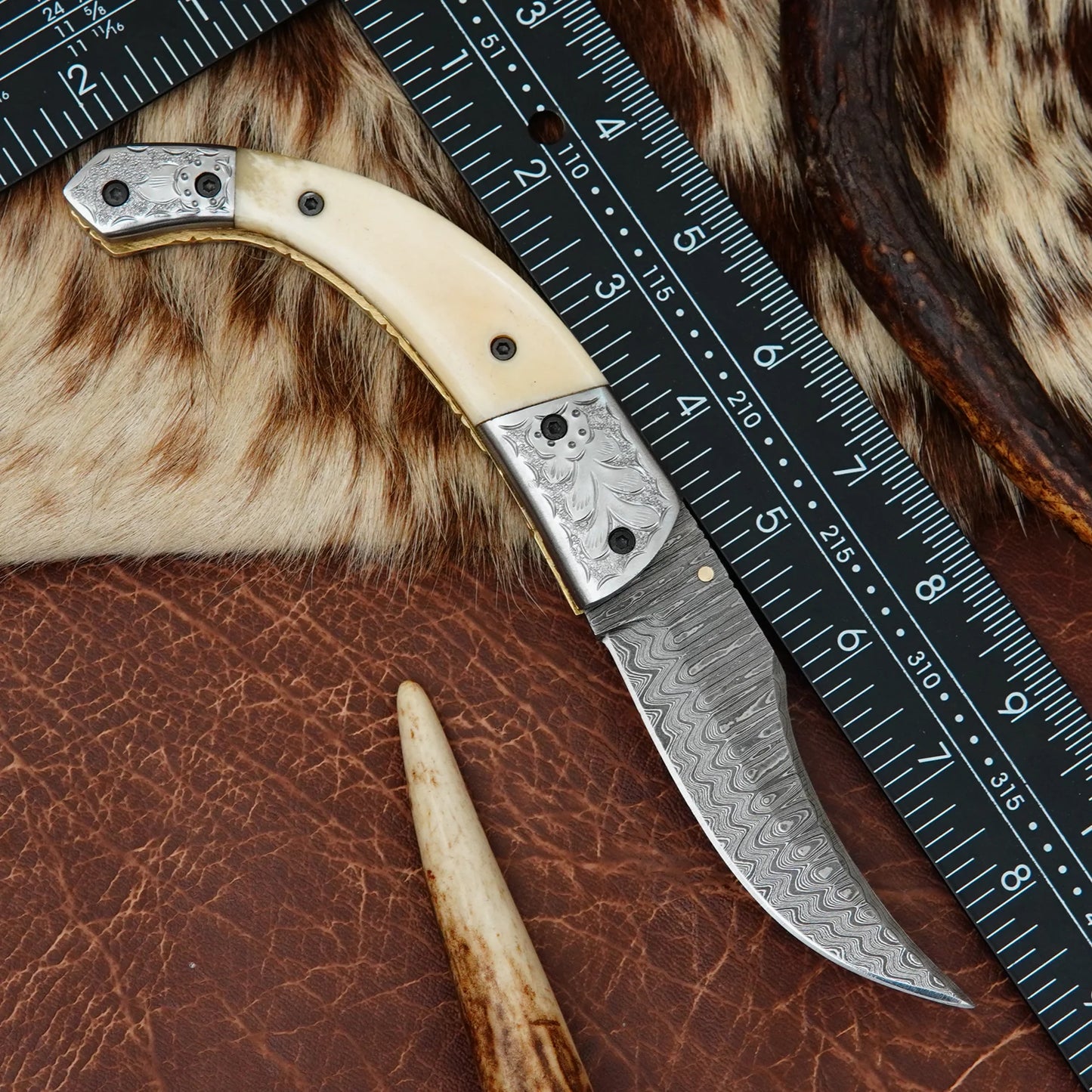 Damascus Folding Pocket Knife – Natural Camel Bone Handle with Engraved Steel Bolster | Hand Forged 156 Layer CHFOL01