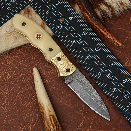 Damascus Drop Point Folding Pocket Knife – Natural Camel Bone Handle with Engraved Brass Bolster & Mosaic Pin | Hand Forged 156 Layer CHFOL03