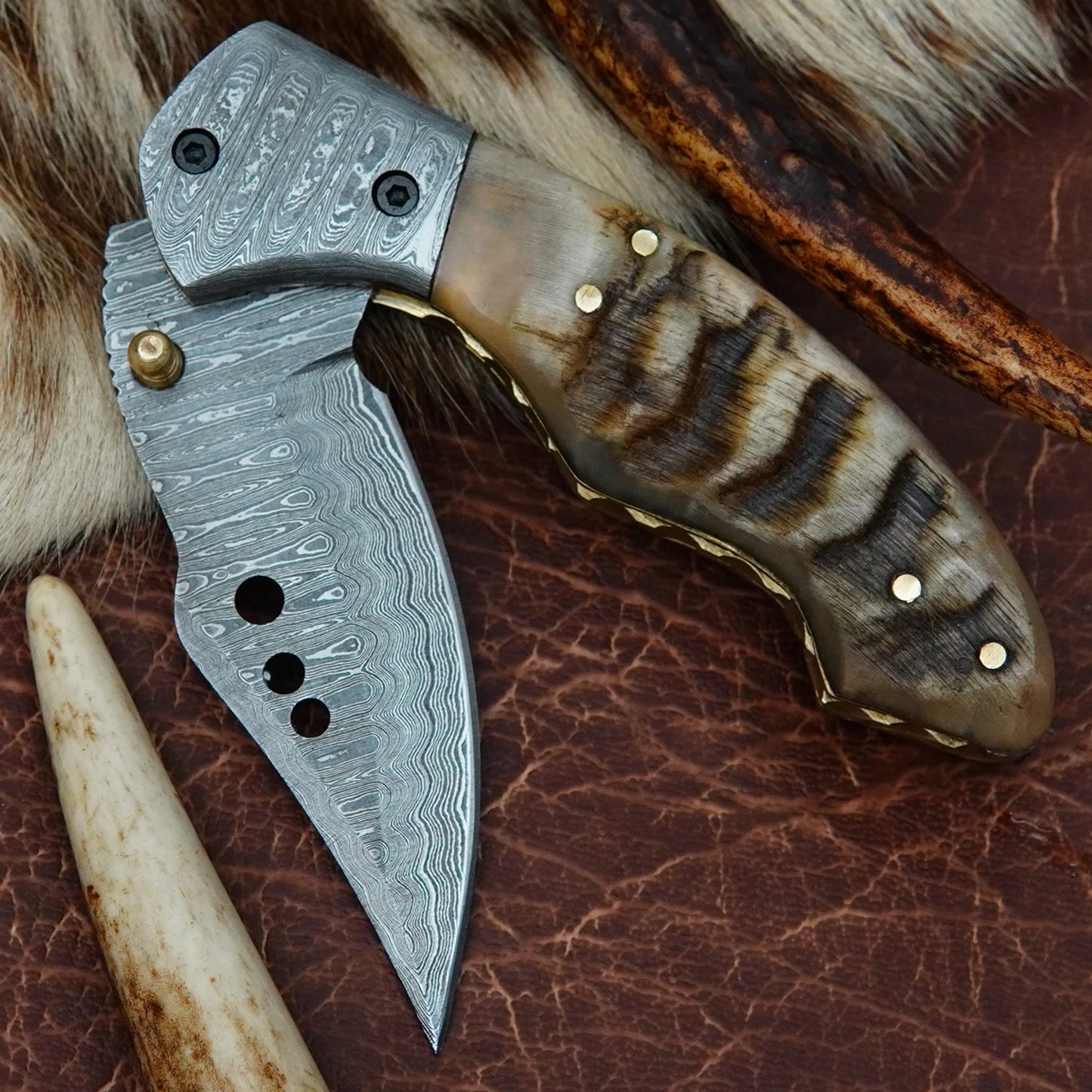 Damascus Drop Point Folding Pocket Knife – Ram Horn Handle with Damascus Bolster | Hand Forged 156 Layer CHFOL05