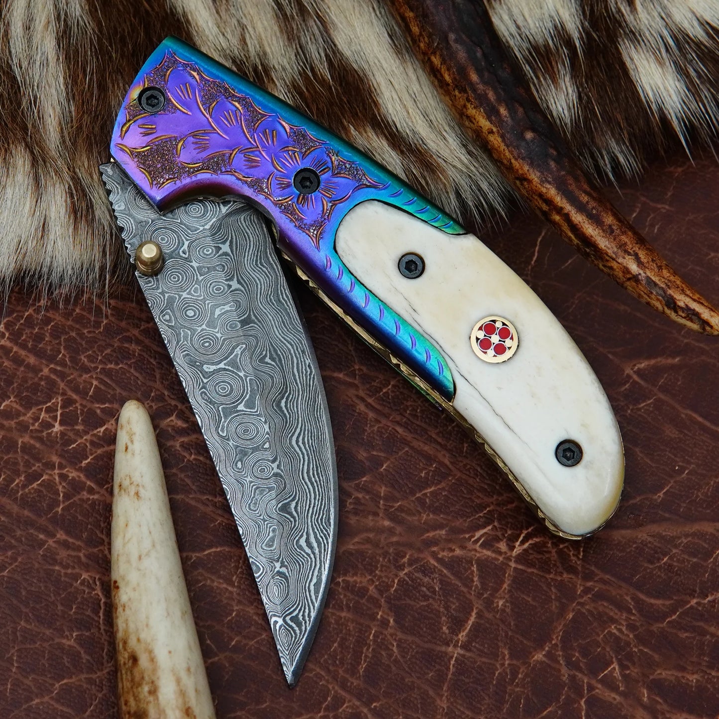 Damascus Drop Point Folding Pocket Knife – Natural Camel Bone Handle with Engraved Oxidized Bolster & Mosaic Pin | Hand Forged 156 Layer CHFOL04