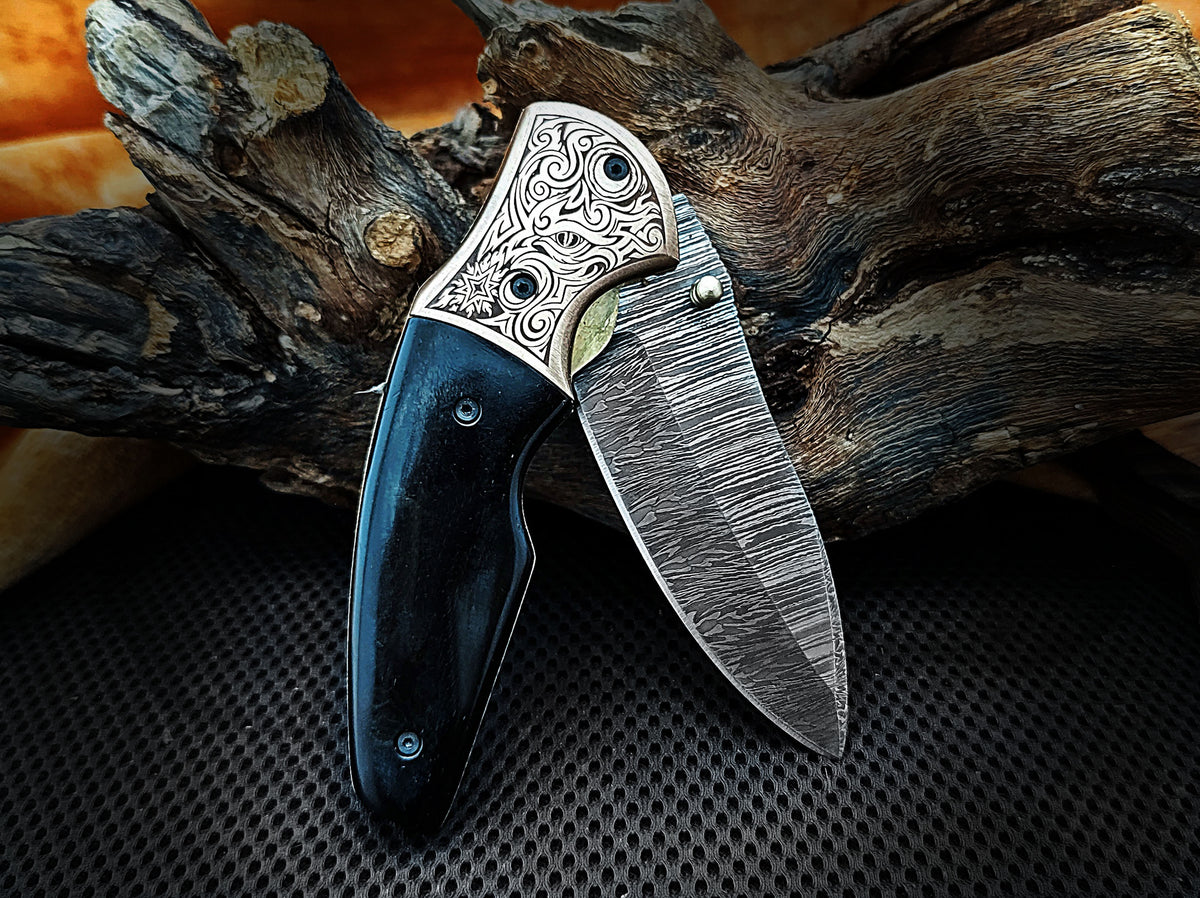 Folding Pocket Knife, Handmade Damascus Steel with Blue Turquoise Camel Bone Handle & Engraved Copper Bolster CLKFOL1101