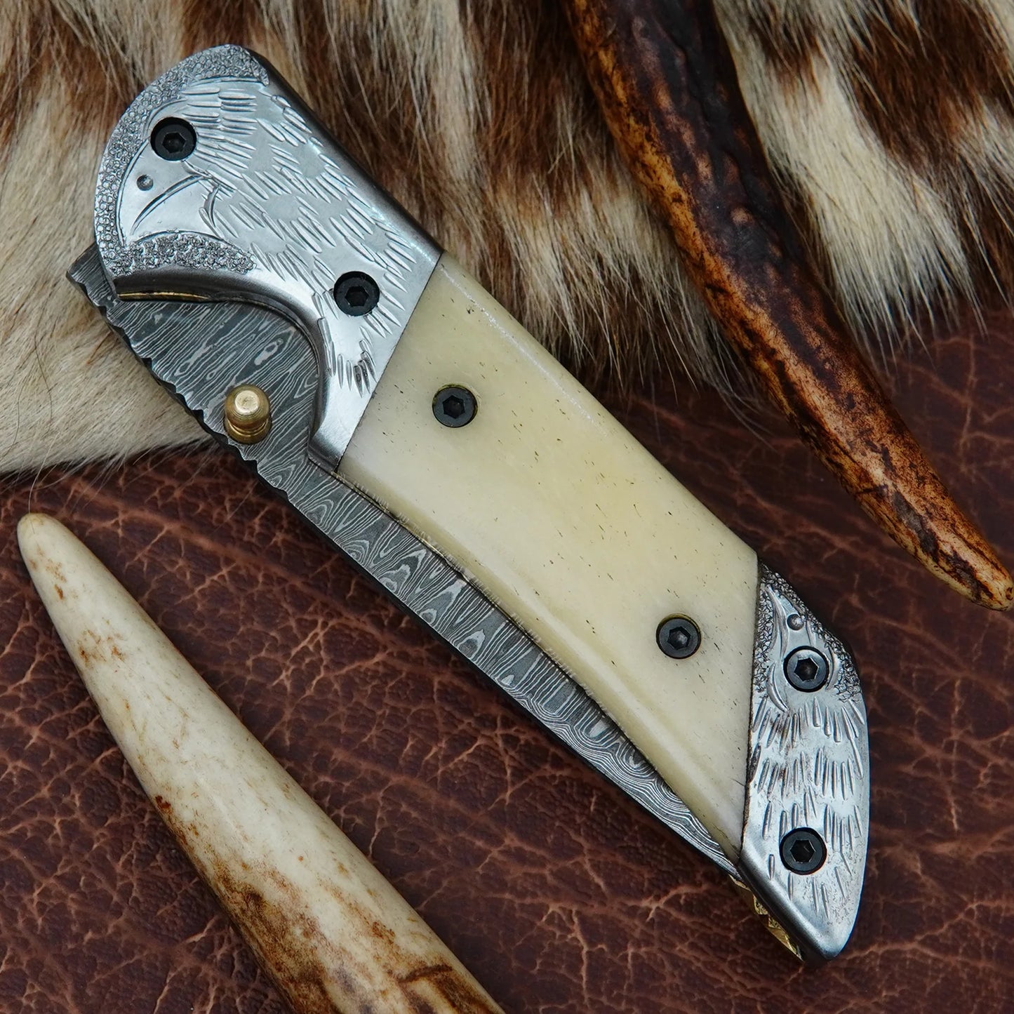 Damascus Tanto Folding Pocket Knife – Natural Camel Bone Handle with Engraved Eagle Steel Bolster | Hand Forged 156 Layer CHFOL02