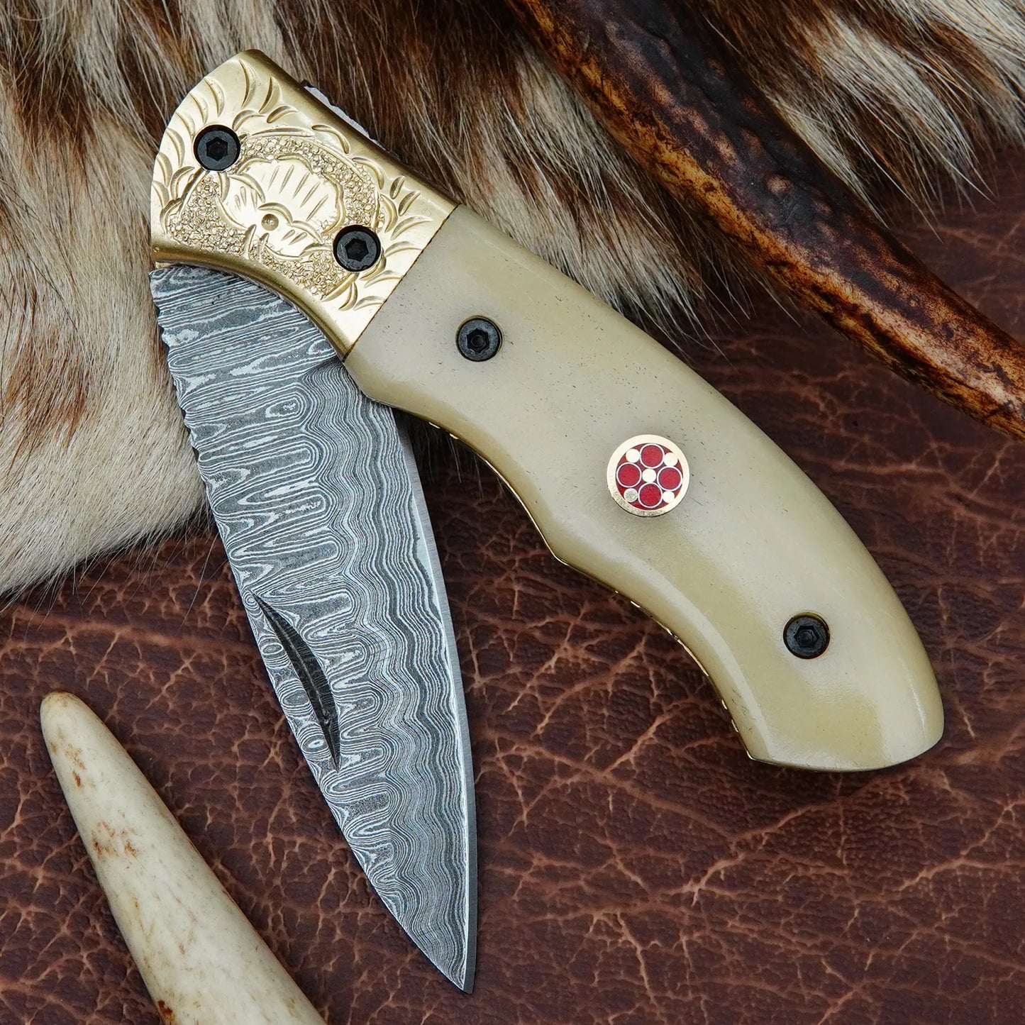 Damascus Drop Point Folding Pocket Knife – Natural Camel Bone Handle with Engraved Brass Bolster & Mosaic Pin | Hand Forged 156 Layer CHFOL03