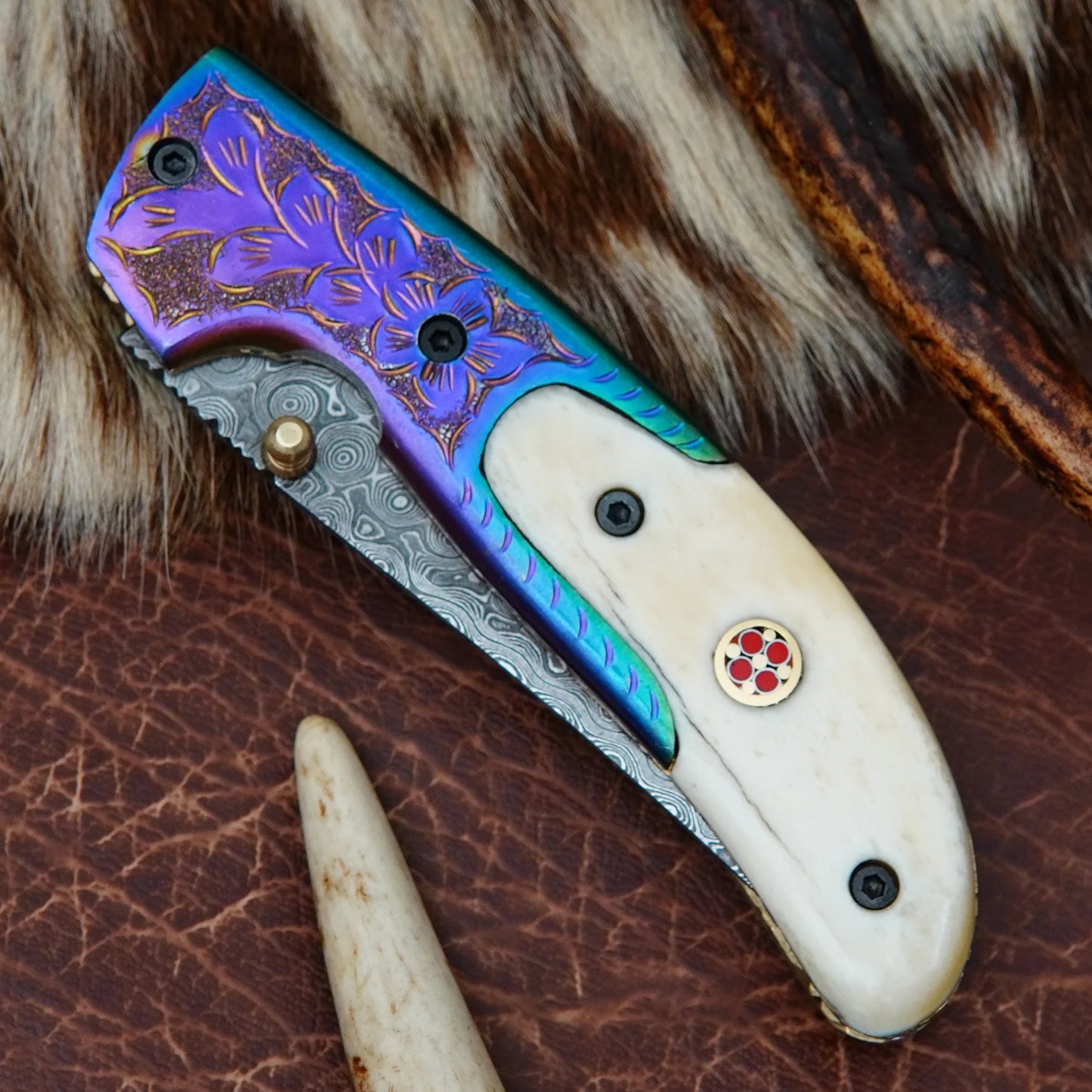 Damascus Drop Point Folding Pocket Knife – Natural Camel Bone Handle with Engraved Oxidized Bolster & Mosaic Pin | Hand Forged 156 Layer CHFOL04