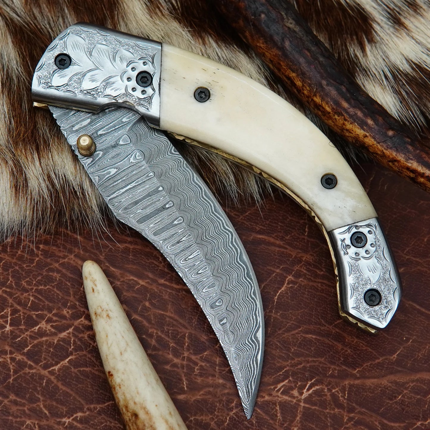 Damascus Folding Pocket Knife – Natural Camel Bone Handle with Engraved Steel Bolster | Hand Forged 156 Layer CHFOL01