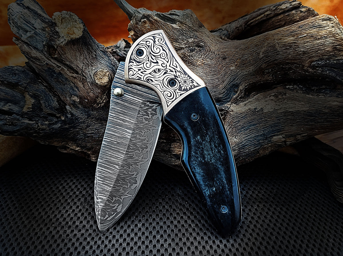 Folding Pocket Knife, Handmade Damascus Steel with Blue Turquoise Camel Bone Handle & Engraved Copper Bolster CLKFOL1101