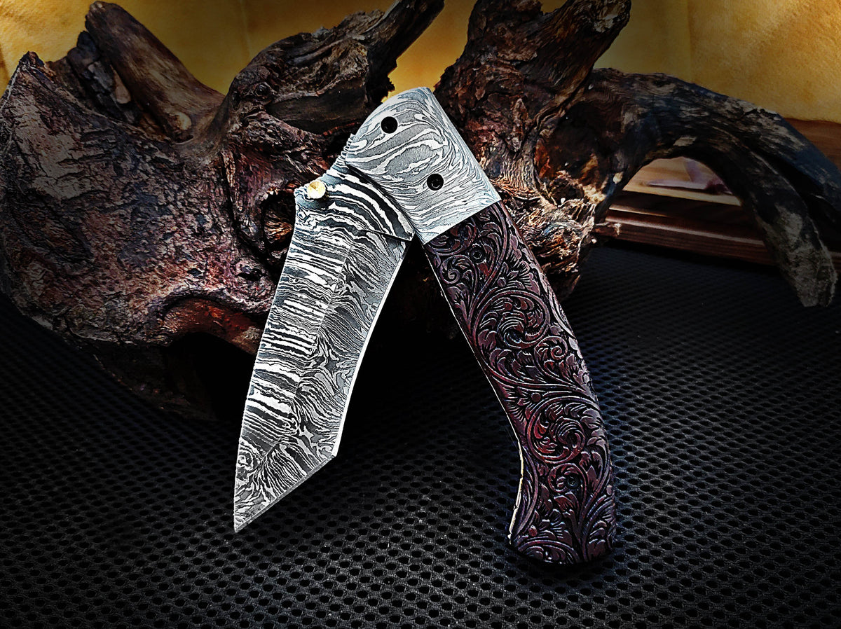 Folding Pocket Tanto Knife, Handmade Damascus Steel with Hand-Engraved Walnut Wood Handle & Damascus Bolster CLKFOL1118