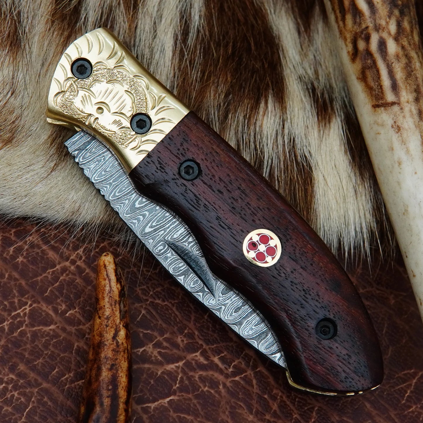 Damascus Drop Point Folding Pocket Knife – Natural Walnut Wood Handle with Engraved Brass Bolster & Mosaic Pin | Hand Forged 156 Layer CHFOL06