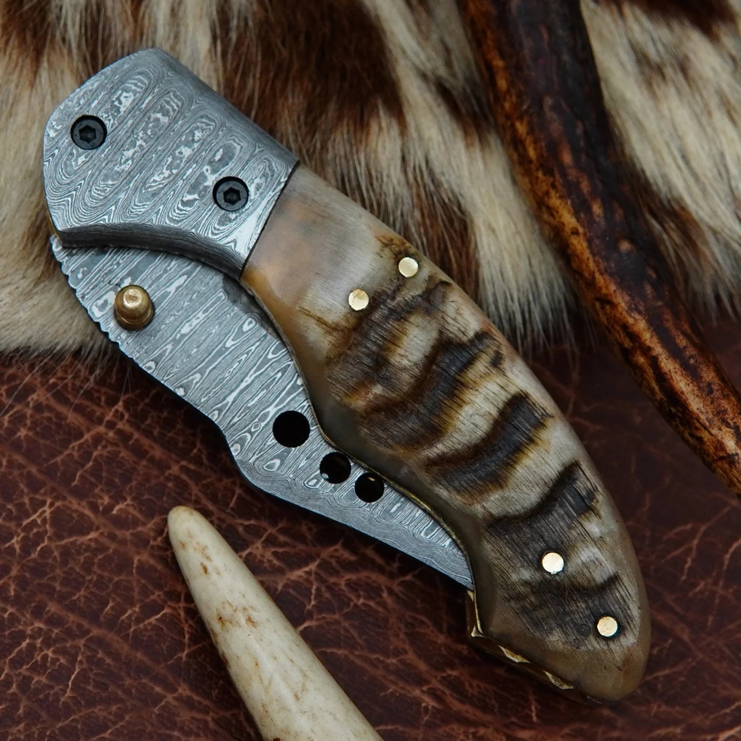 Damascus Drop Point Folding Pocket Knife – Ram Horn Handle with Damascus Bolster | Hand Forged 156 Layer CHFOL05