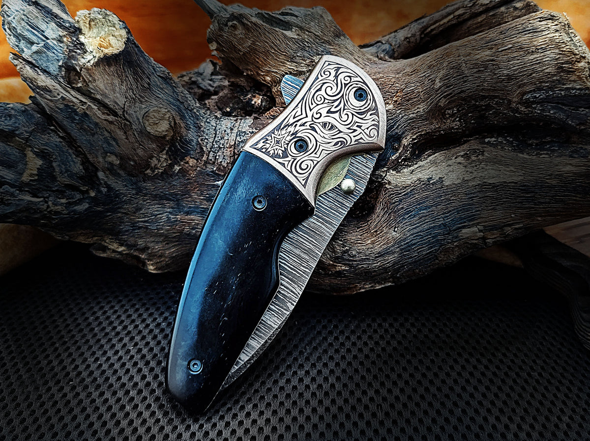 Folding Pocket Knife, Handmade Damascus Steel with Blue Turquoise Camel Bone Handle & Engraved Copper Bolster CLKFOL1101