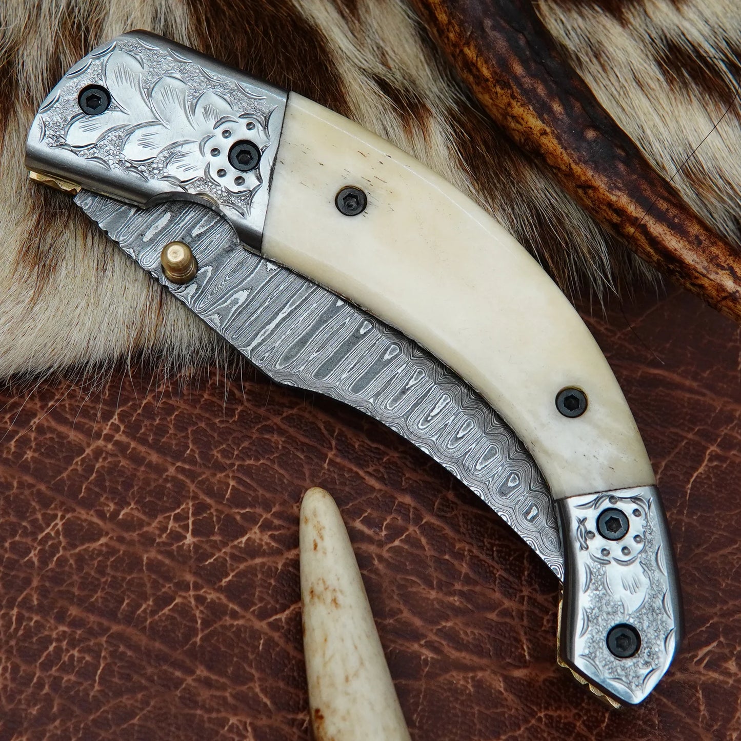 Damascus Folding Pocket Knife – Natural Camel Bone Handle with Engraved Steel Bolster | Hand Forged 156 Layer CHFOL01
