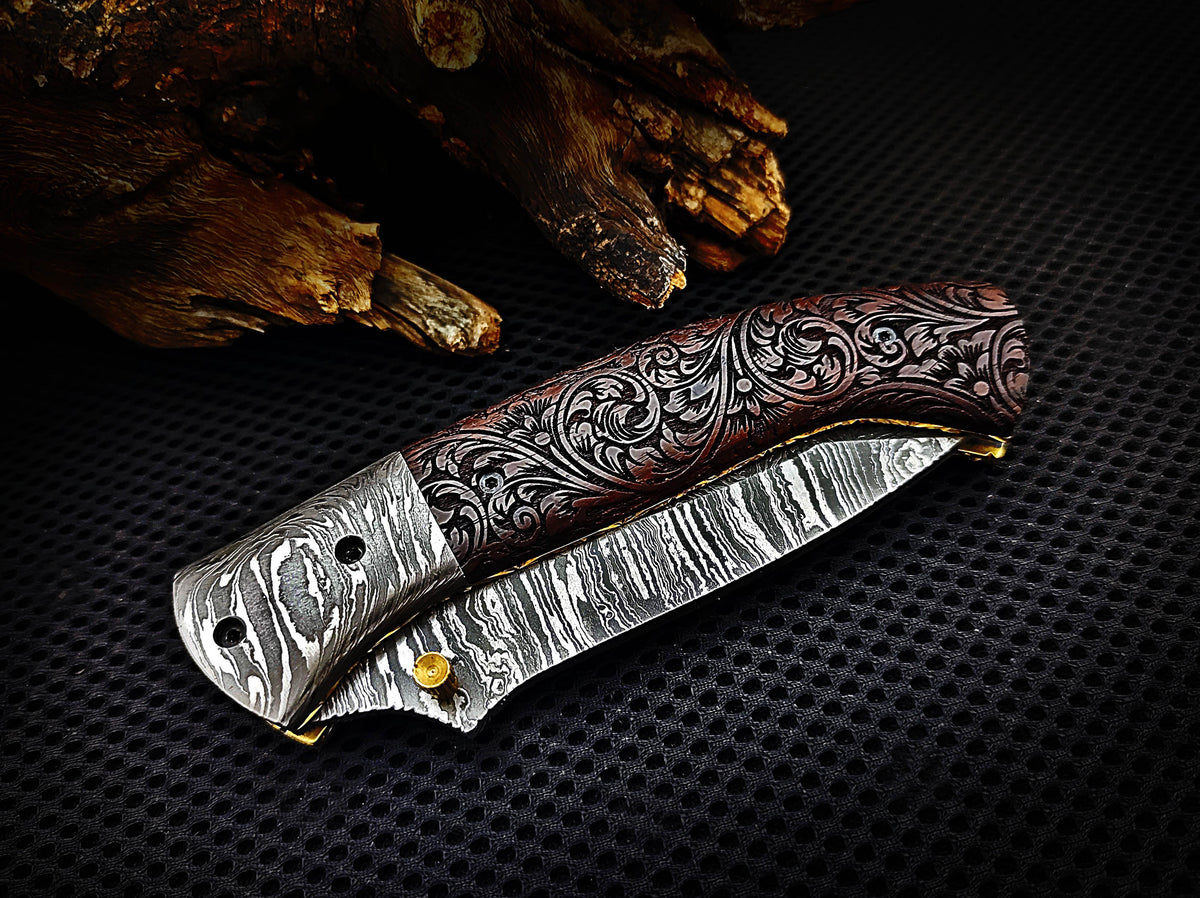 Folding Pocket Tanto Knife, Handmade Damascus Steel with Hand-Engraved Walnut Wood Handle & Damascus Bolster CLKFOL1118