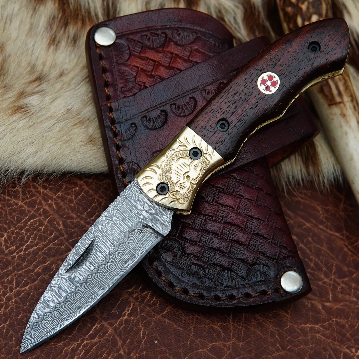 Damascus Drop Point Folding Pocket Knife – Natural Walnut Wood Handle with Engraved Brass Bolster & Mosaic Pin | Hand Forged 156 Layer CHFOL06
