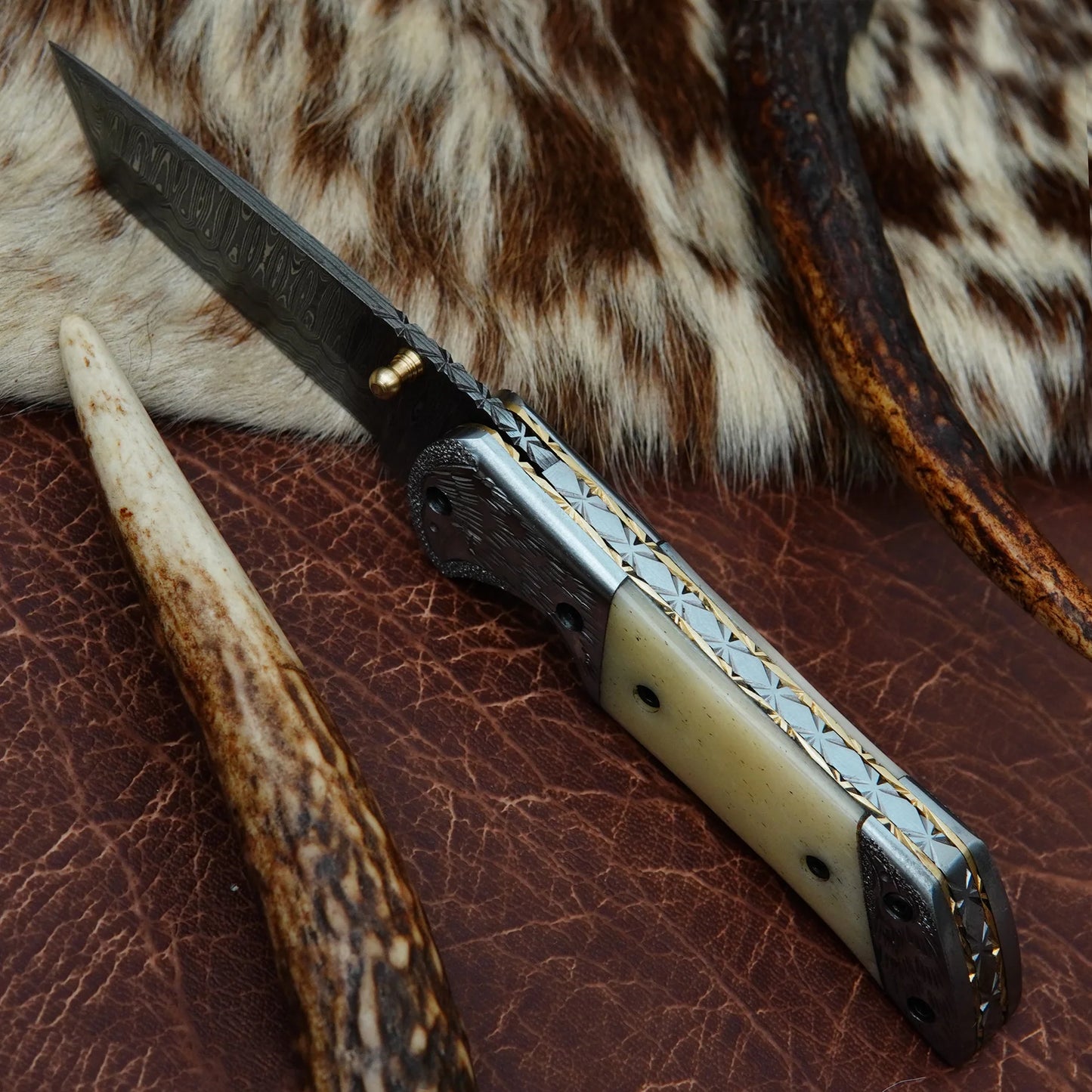 Damascus Tanto Folding Pocket Knife – Natural Camel Bone Handle with Engraved Eagle Steel Bolster | Hand Forged 156 Layer CHFOL02