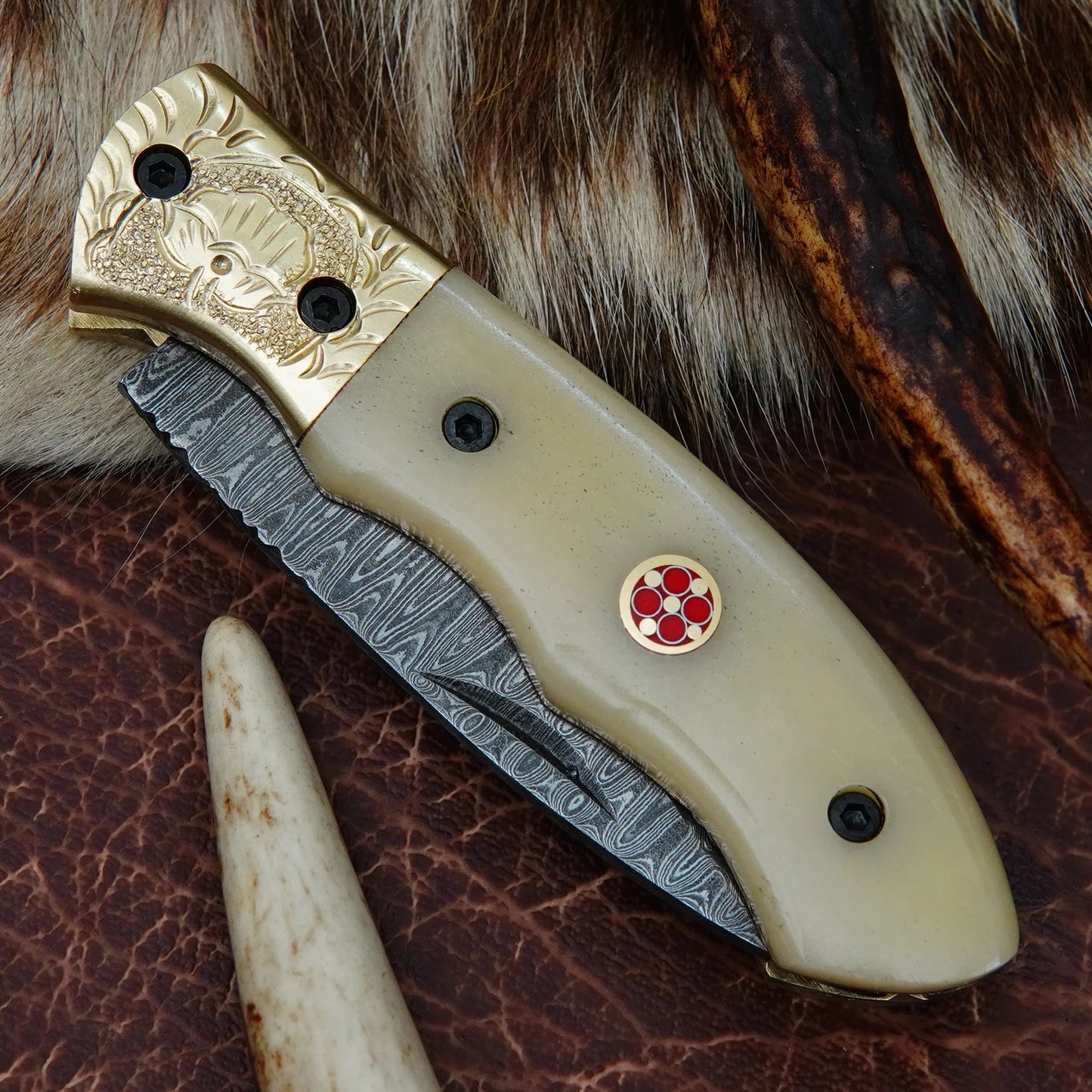 Damascus Drop Point Folding Pocket Knife – Natural Camel Bone Handle with Engraved Brass Bolster & Mosaic Pin | Hand Forged 156 Layer CHFOL03