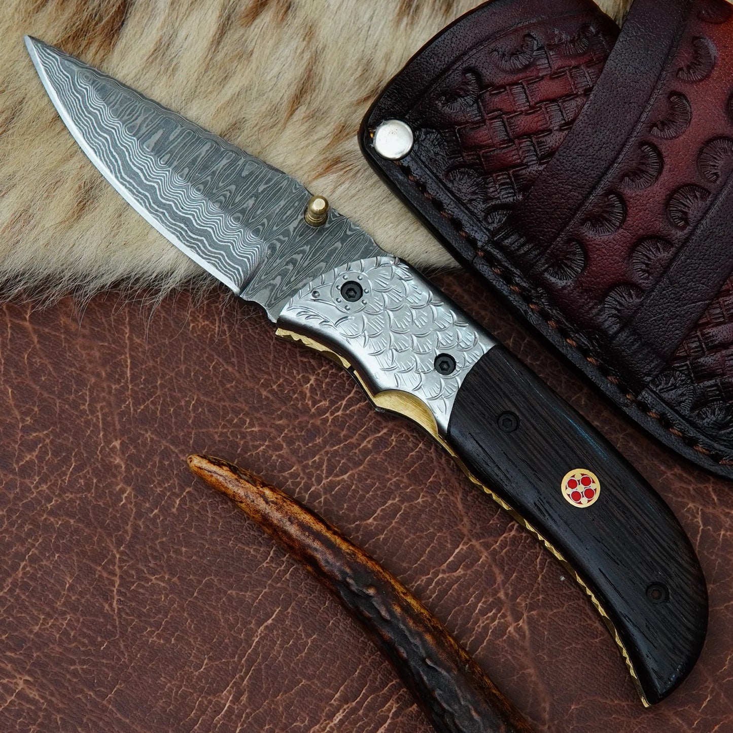 Damascus Folding Pocket Knife – Natural Wenge Wood Handle with Engraved Fish Scale Steel Bolster & Mosaic Pin | Hand Forged 156 Layer CHFOL07