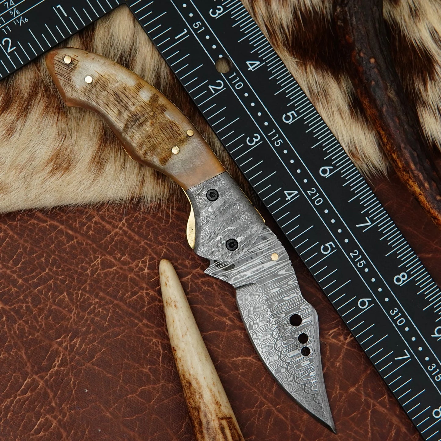 Damascus Drop Point Folding Pocket Knife – Ram Horn Handle with Damascus Bolster | Hand Forged 156 Layer CHFOL05