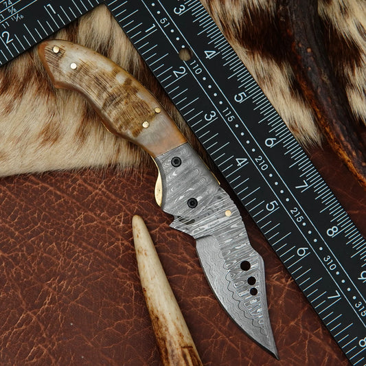 Damascus Drop Point Folding Pocket Knife – Ram Horn Handle with Damascus Bolster | Hand Forged 156 Layer CHFOL05