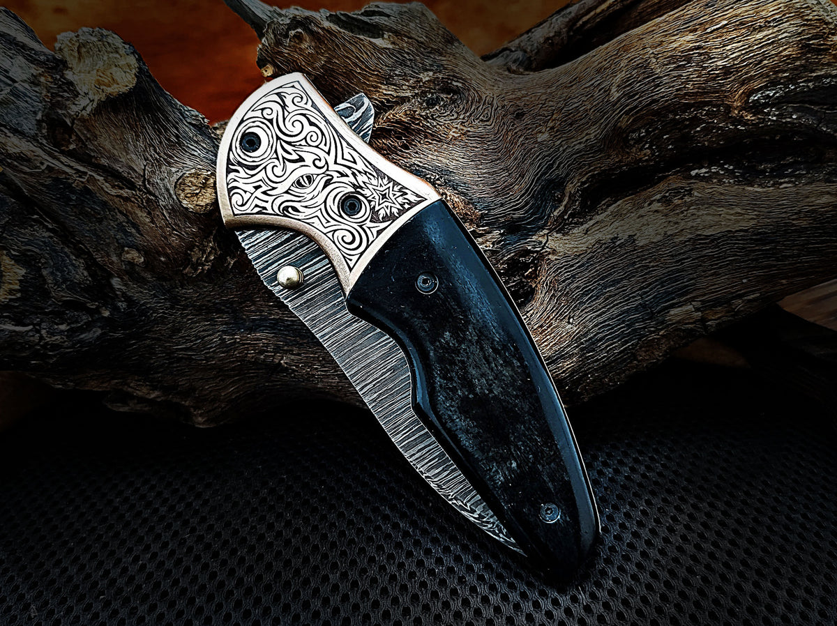 Folding Pocket Knife, Handmade Damascus Steel with Blue Turquoise Camel Bone Handle & Engraved Copper Bolster CLKFOL1101