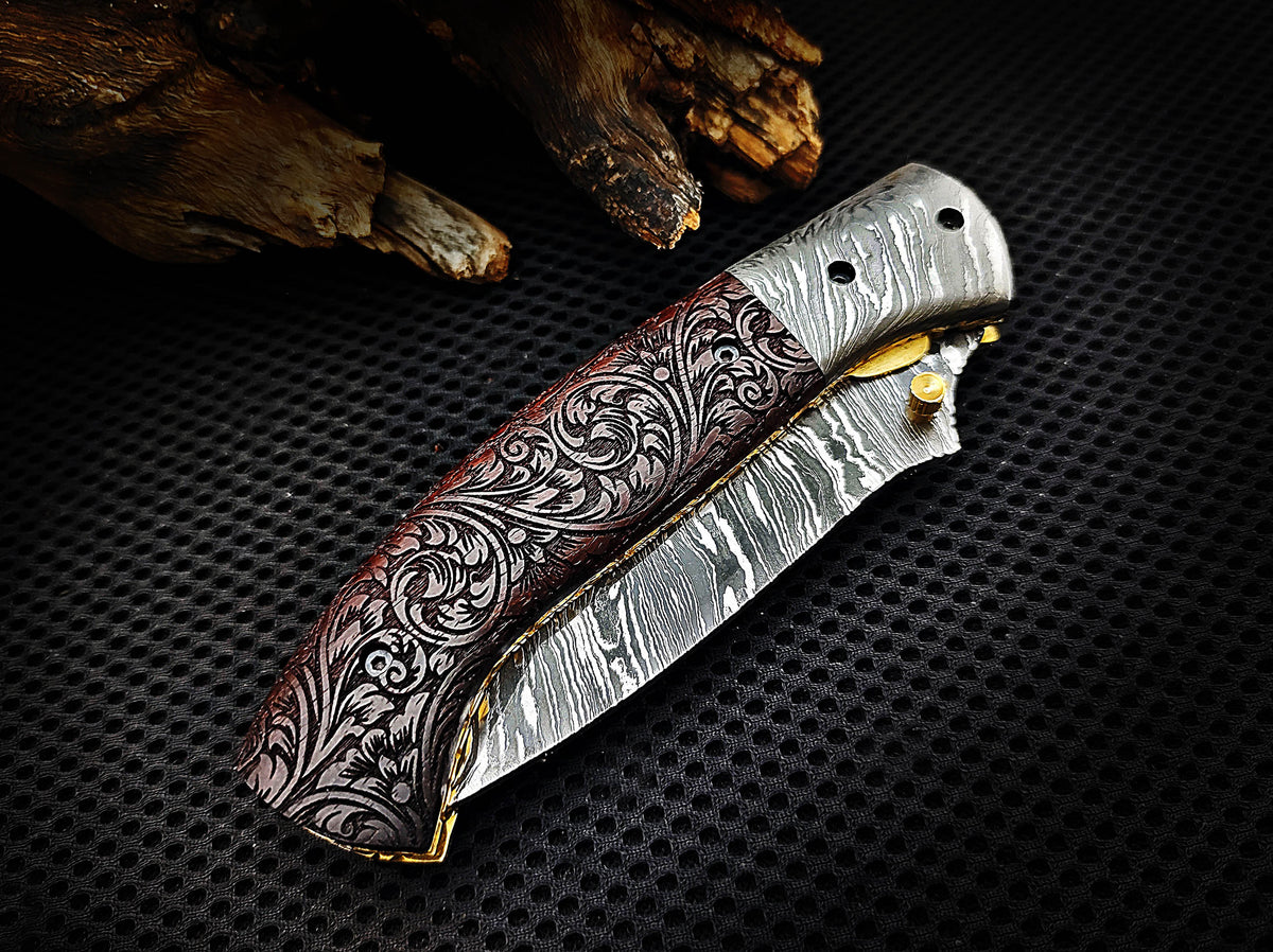 Folding Pocket Tanto Knife, Handmade Damascus Steel with Hand-Engraved Walnut Wood Handle & Damascus Bolster CLKFOL1118