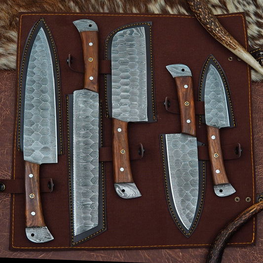 Wildrose Damascus 5-Piece Chef Knife Set with Free Leather Roll ANCHEFK01