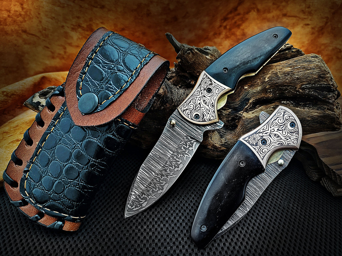 Folding Pocket Knife, Handmade Damascus Steel with Blue Turquoise Camel Bone Handle & Engraved Copper Bolster CLKFOL1101