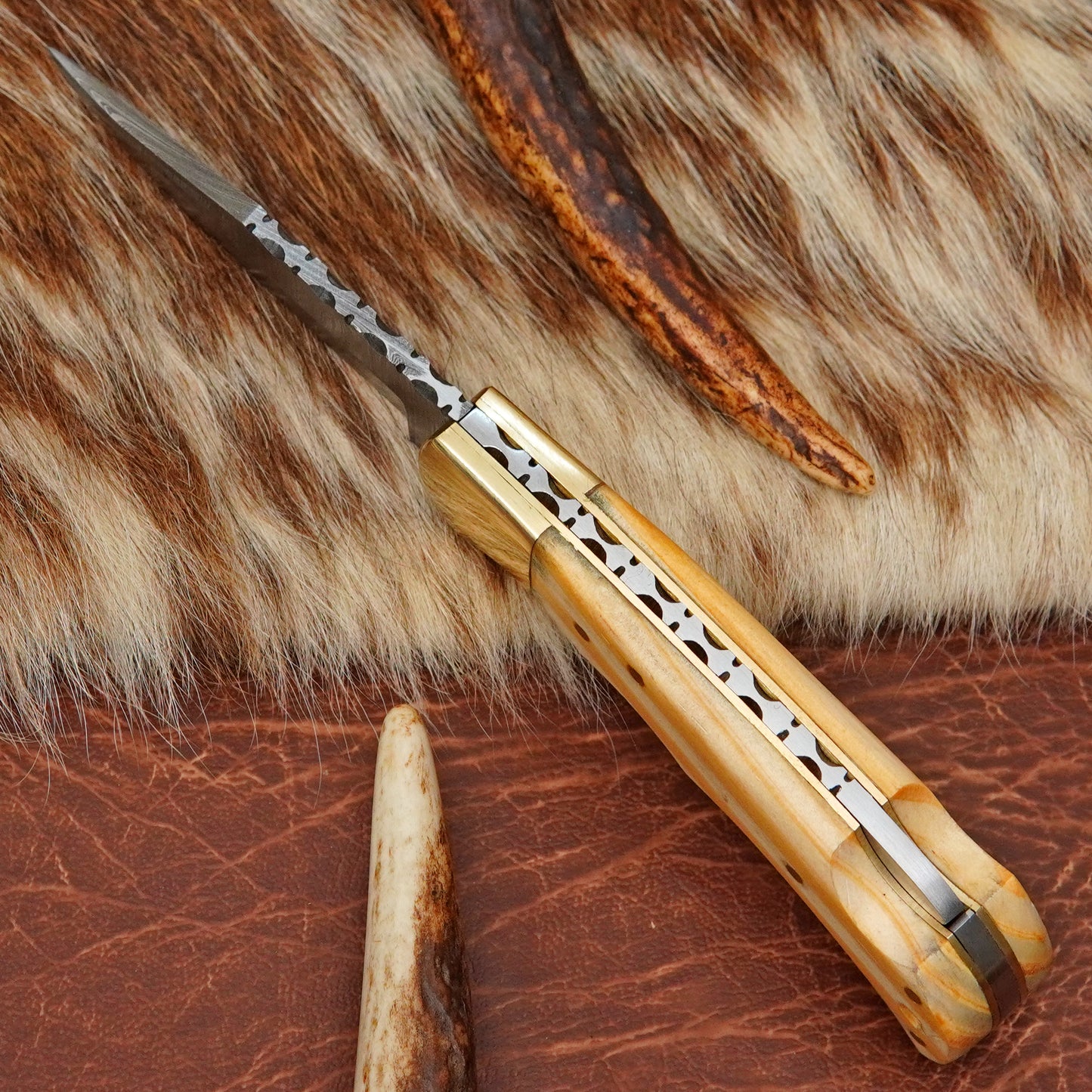 Damascus Steel Pocket Folding Knife with Yellow Pine Wood Handle Brass Bolster Leather Sheath EDC Knife ILFOL08