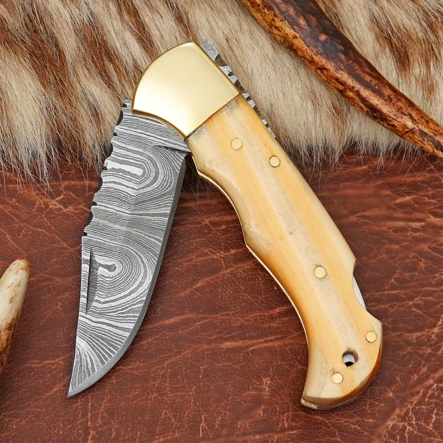 Damascus Steel Pocket Folding Knife with Yellow Pine Wood Handle Brass Bolster Leather Sheath EDC Knife ILFOL08