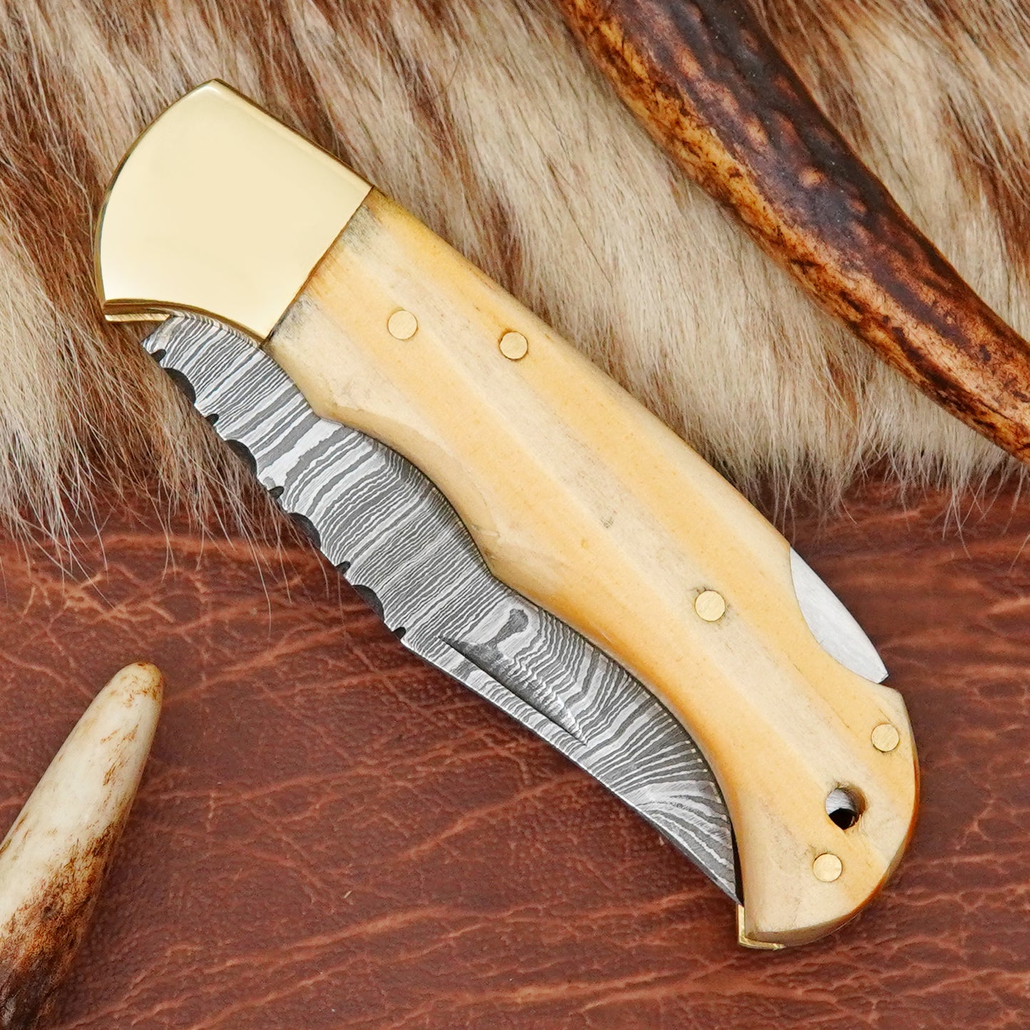 Damascus Steel Pocket Folding Knife with Yellow Pine Wood Handle Brass Bolster Leather Sheath EDC Knife ILFOL08