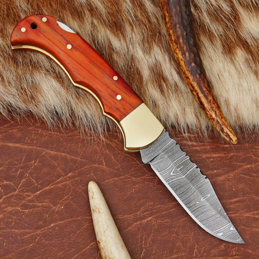 Damascus Steel 4-Piece Pocket Folding Knife Lot with Red African Padauk Wood Handle Brass Bolster Leather Sheath EDC Knife LOT4ILFOL04