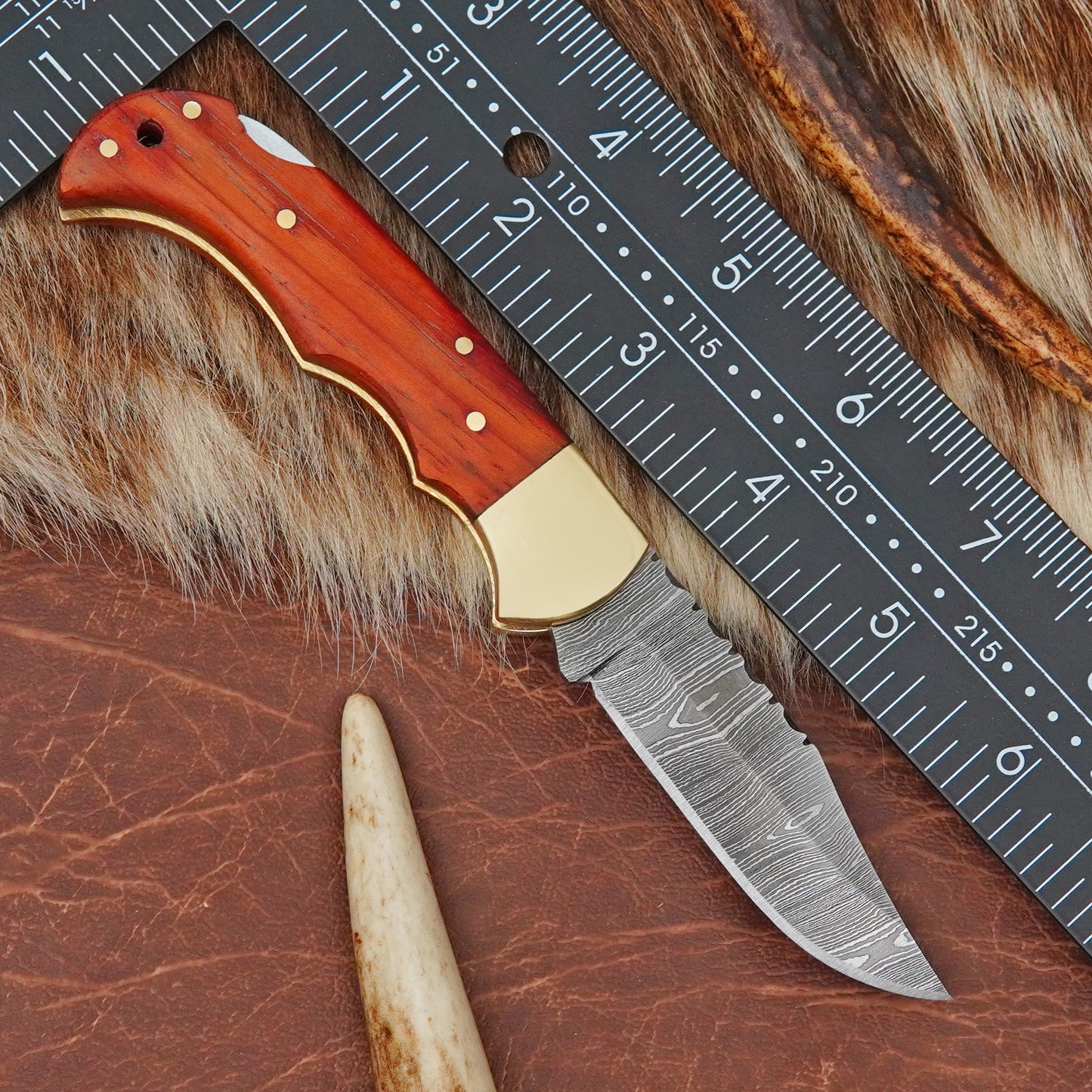 Damascus Steel Pocket Folding Knife with Red African Padauk Wood Handle Brass Bolster Leather Sheath EDC Knife ILFOL04