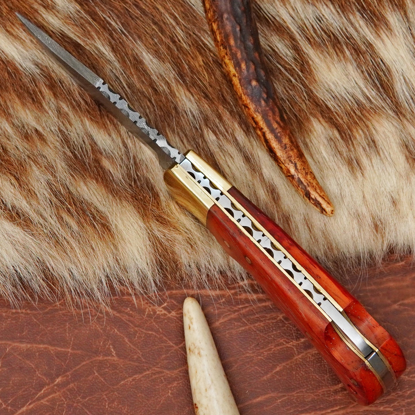 Damascus Steel Pocket Folding Knife with Red African Padauk Wood Handle Brass Bolster Leather Sheath EDC Knife ILFOL04