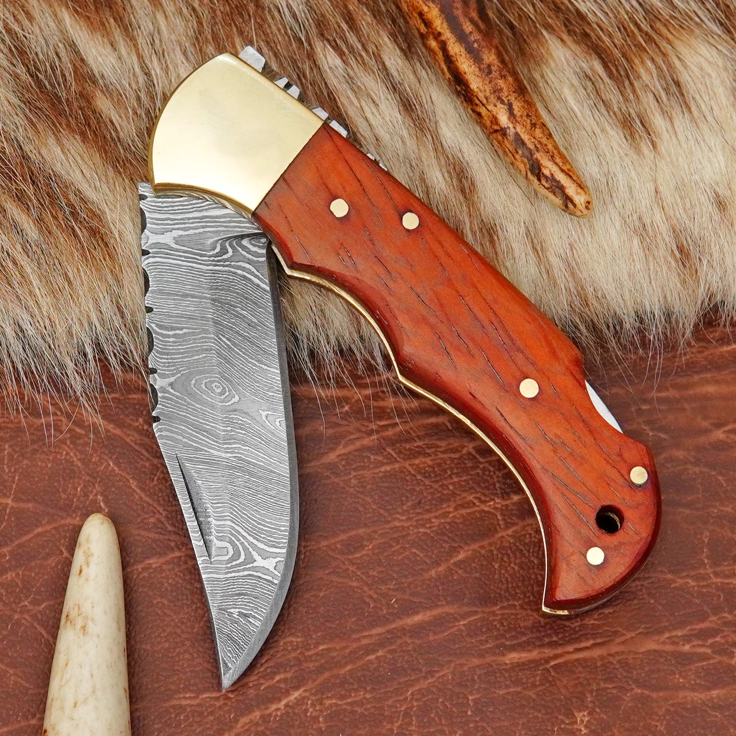 Damascus Steel Pocket Folding Knife with Red African Padauk Wood Handle Brass Bolster Leather Sheath EDC Knife ILFOL04