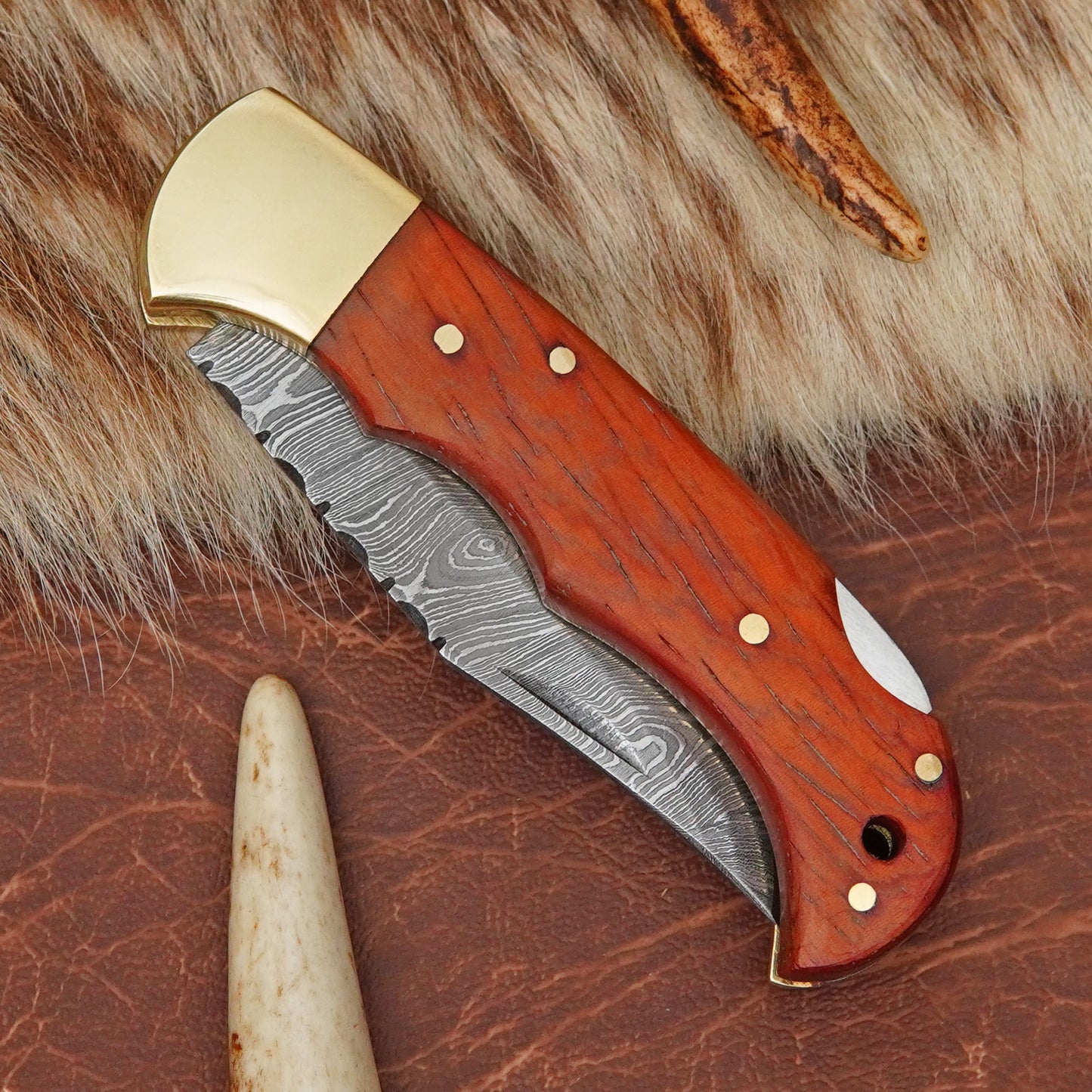 Damascus Steel Pocket Folding Knife with Red African Padauk Wood Handle Brass Bolster Leather Sheath EDC Knife ILFOL04
