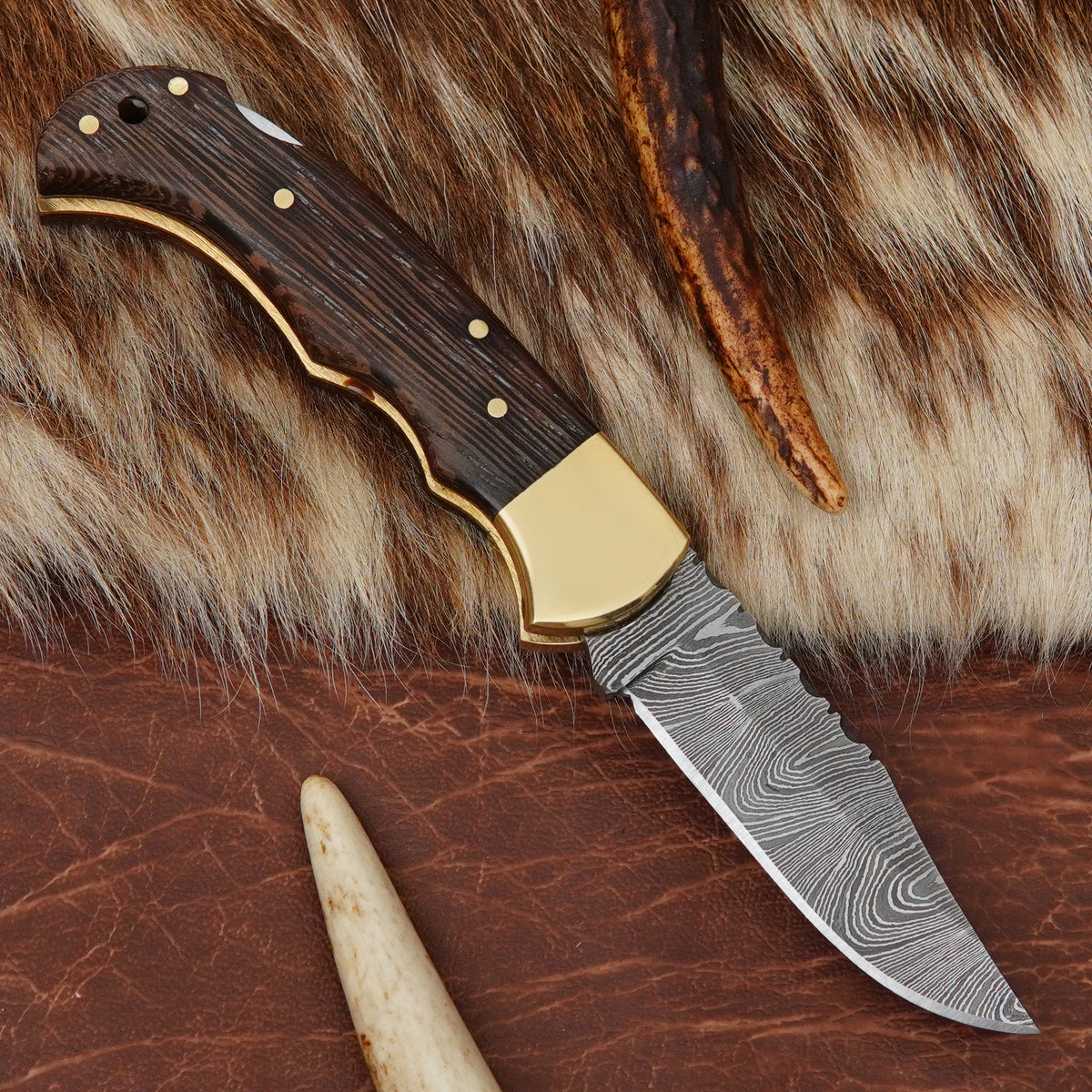 Damascus Steel 4-Piece Pocket Folding Knife Lot with Wenge Wood Handle Brass Bolster Leather Sheath EDC Knife LOT4ILFOL05