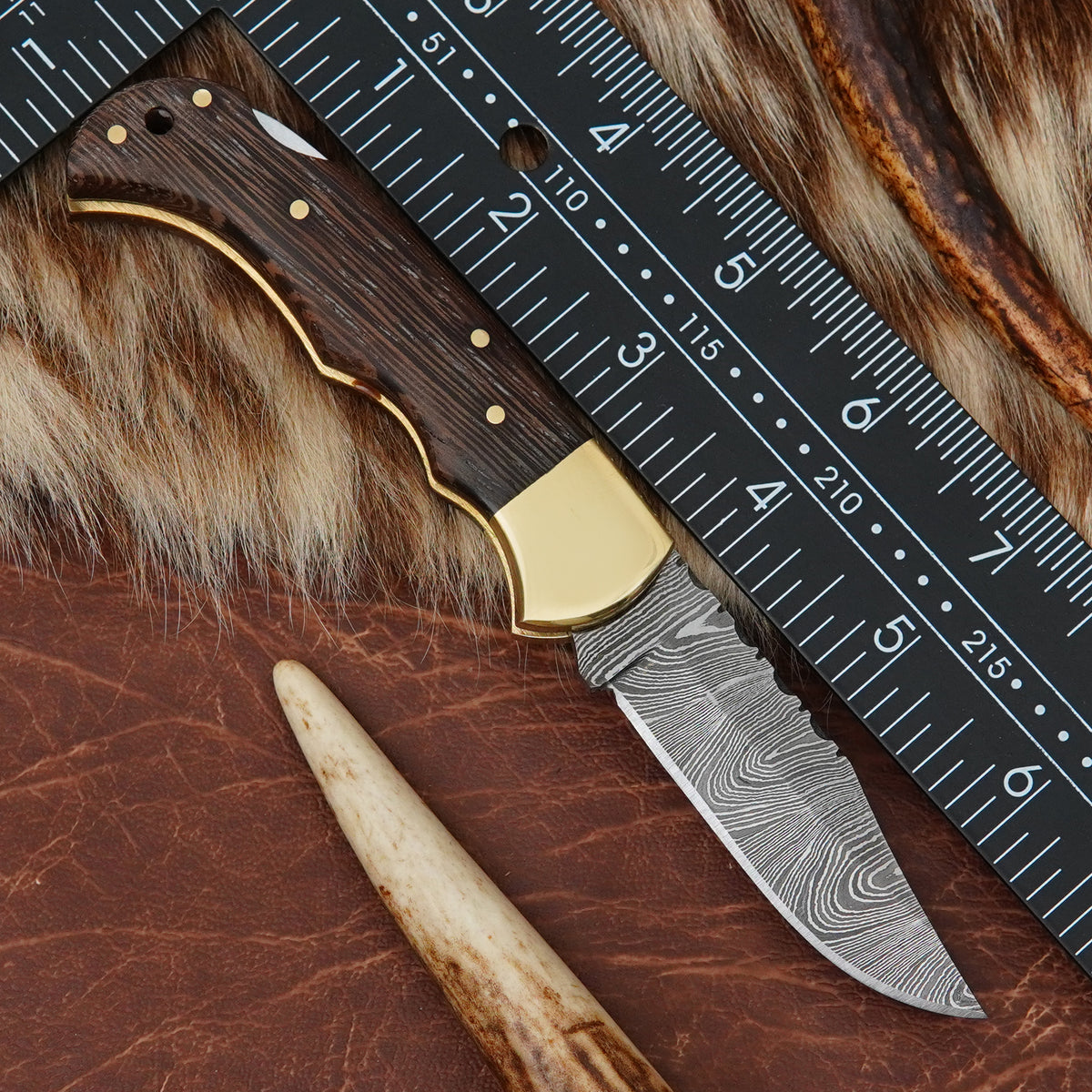 Damascus Steel 4-Piece Pocket Folding Knife Lot with Wenge Wood Handle Brass Bolster Leather Sheath EDC Knife LOT4ILFOL05