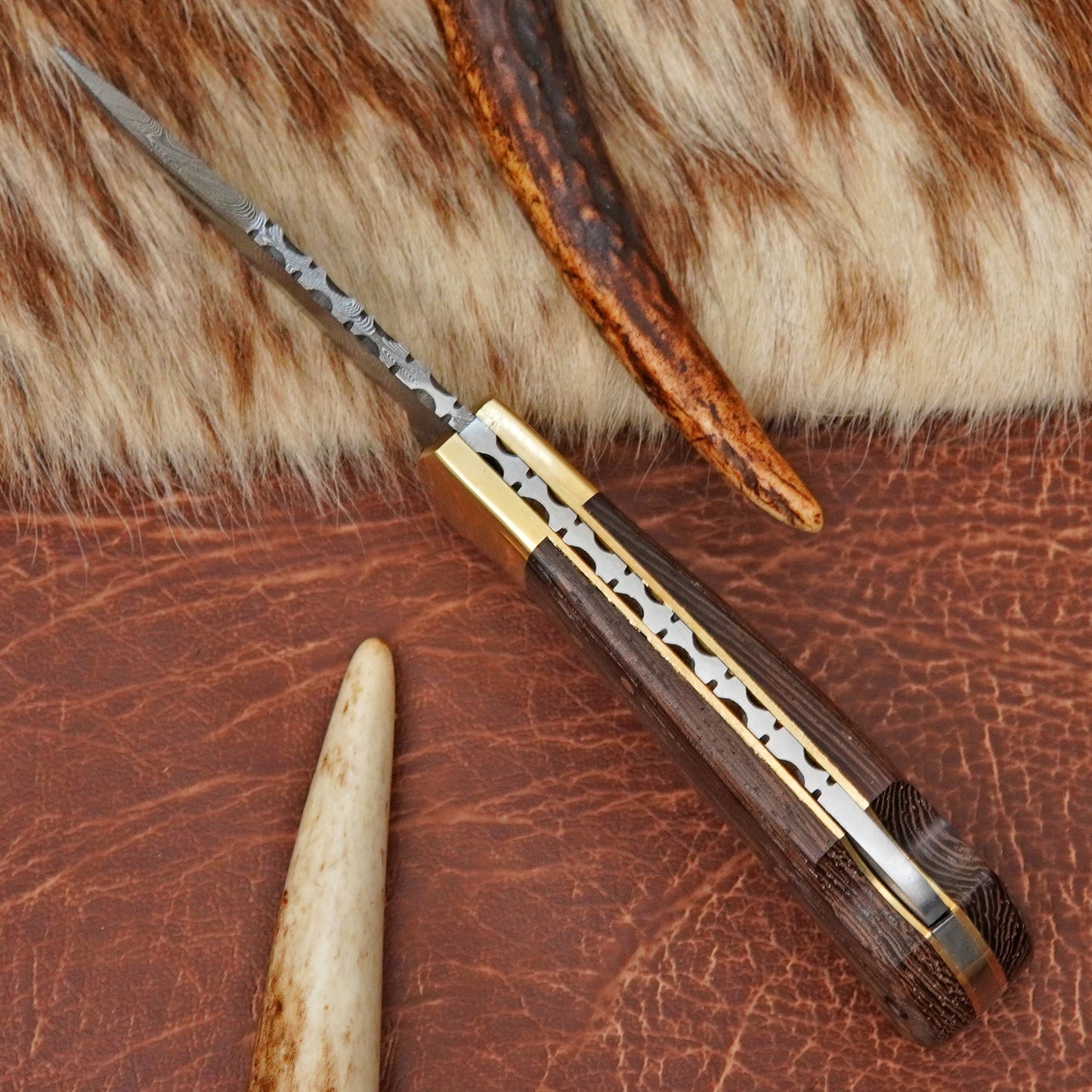 Damascus Steel Pocket Folding Knife with Wenge Wood Handle Brass Bolster Leather Sheath EDC Knife ILFOL05