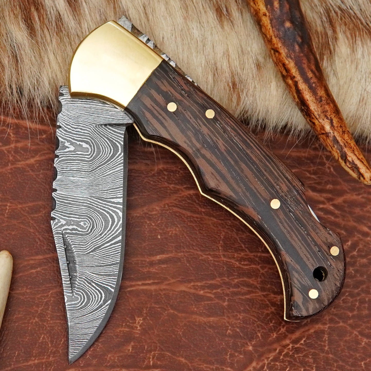 Damascus Steel Pocket Folding Knife with Wenge Wood Handle Brass Bolster Leather Sheath EDC Knife ILFOL05
