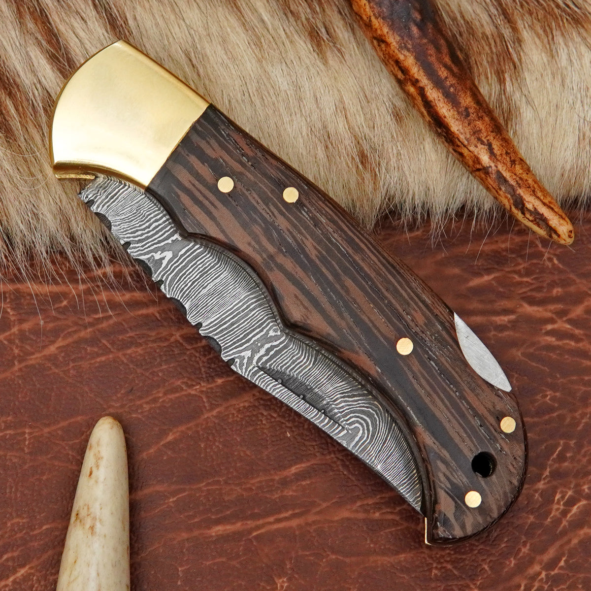 Damascus Steel 4-Piece Pocket Folding Knife Lot with Wenge Wood Handle Brass Bolster Leather Sheath EDC Knife LOT4ILFOL05