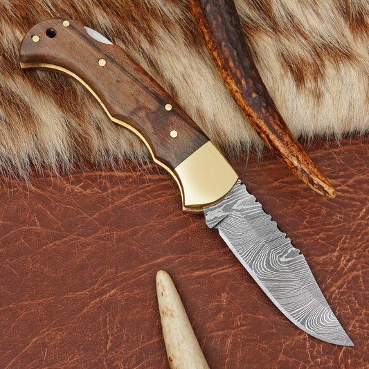Damascus Steel 4-Piece Pocket Folding Knife Lot with Walnut Wood Handle Brass Bolster Leather Sheath EDC Knife LOT4ILFOL06