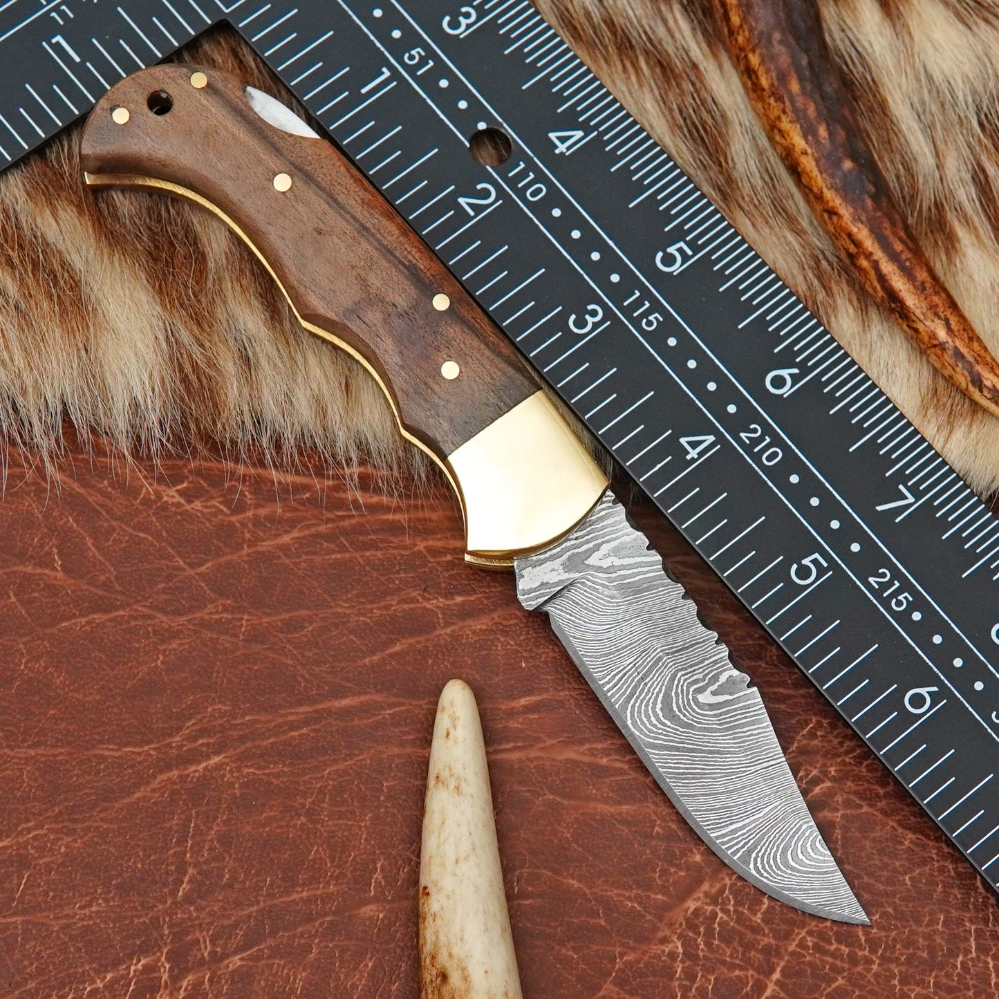 Damascus Steel Pocket Folding Knife with Walnut Wood Handle Brass Bolster Leather Sheath EDC Knife ILFOL06