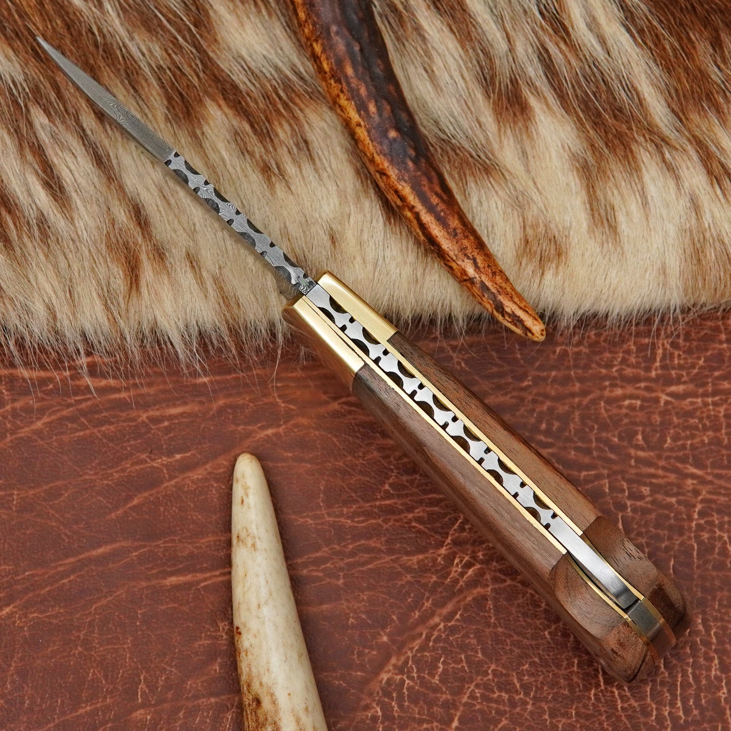 Damascus Steel Pocket Folding Knife with Walnut Wood Handle Brass Bolster Leather Sheath EDC Knife ILFOL06