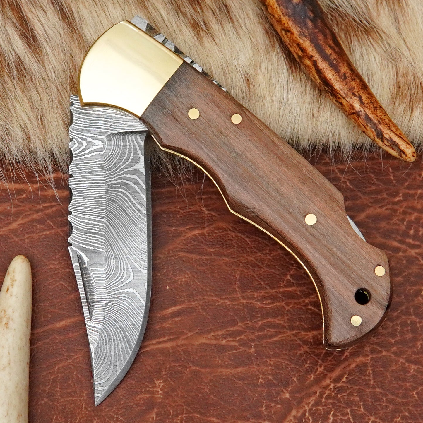Damascus Steel Pocket Folding Knife with Walnut Wood Handle Brass Bolster Leather Sheath EDC Knife ILFOL06