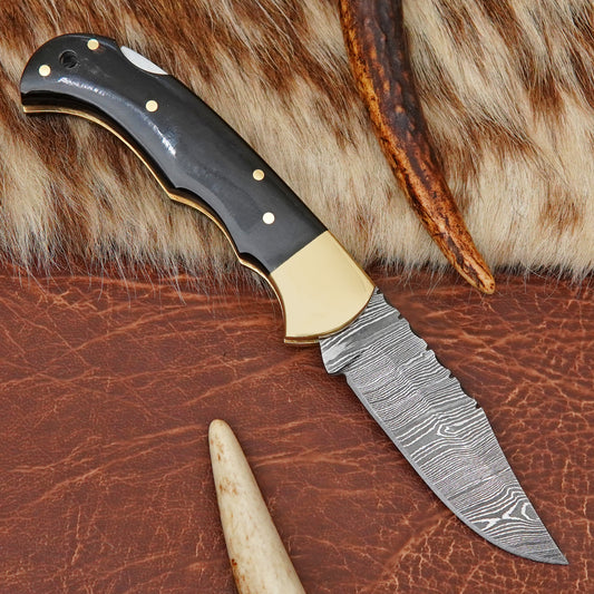 Damascus Steel 4-Piece Pocket Folding Knife Lot with Buffalo Horn Handle Brass Bolster Leather Sheath EDC Knife LOT4ILFOL02