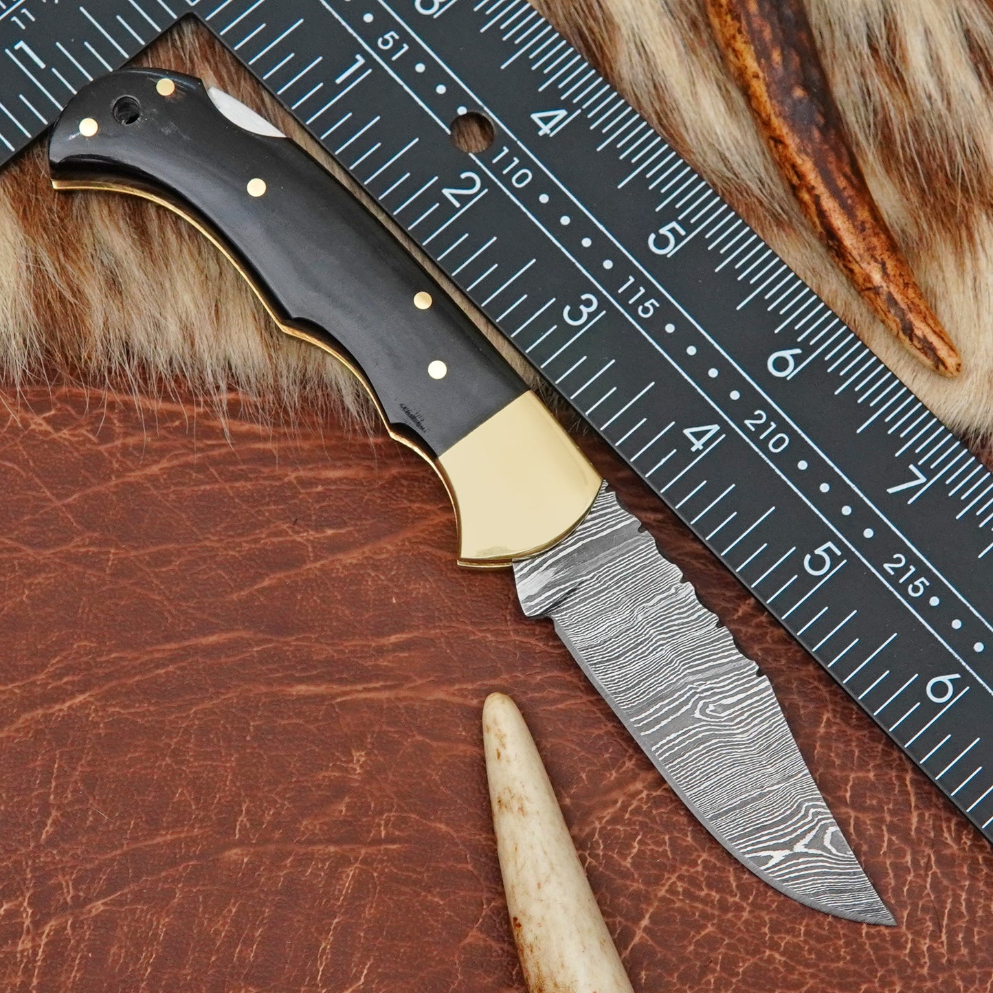 Damascus Steel Pocket Folding Knife with Buffalo Horn Handle Brass Bolster Leather Sheath EDC Knife ILFOL02