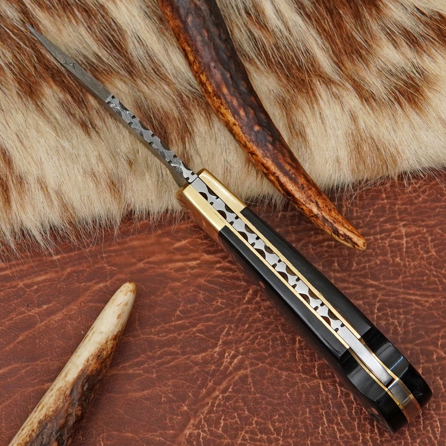 Damascus Steel Pocket Folding Knife with Buffalo Horn Handle Brass Bolster Leather Sheath EDC Knife ILFOL02